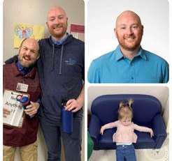 A collage of four photos: two men smiling together, a headshot of a red-haired man, the same two men standing, and a toddler with arms outstretched on a blue couch.