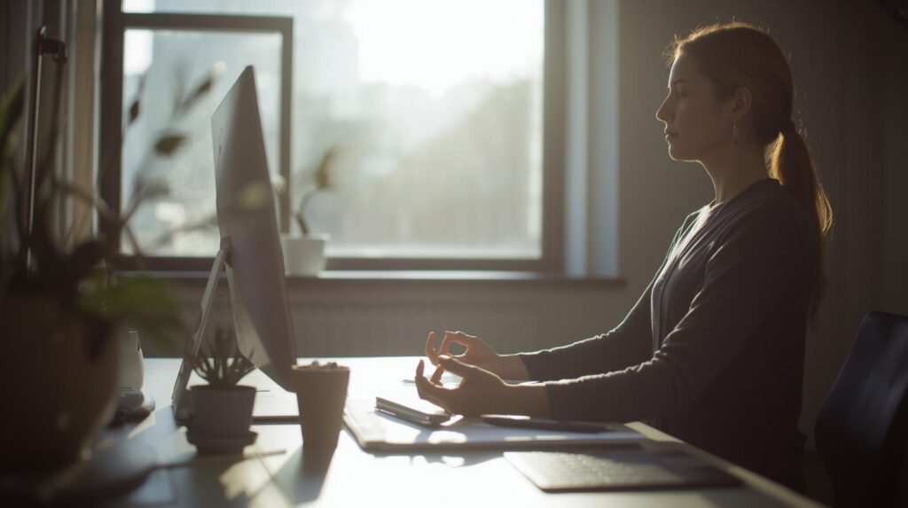 A woman sits at a desk in front of a computer, meditating with her eyes closed and hands in a mudra. Sunlight streams through the window, and plants decorate the workspace.