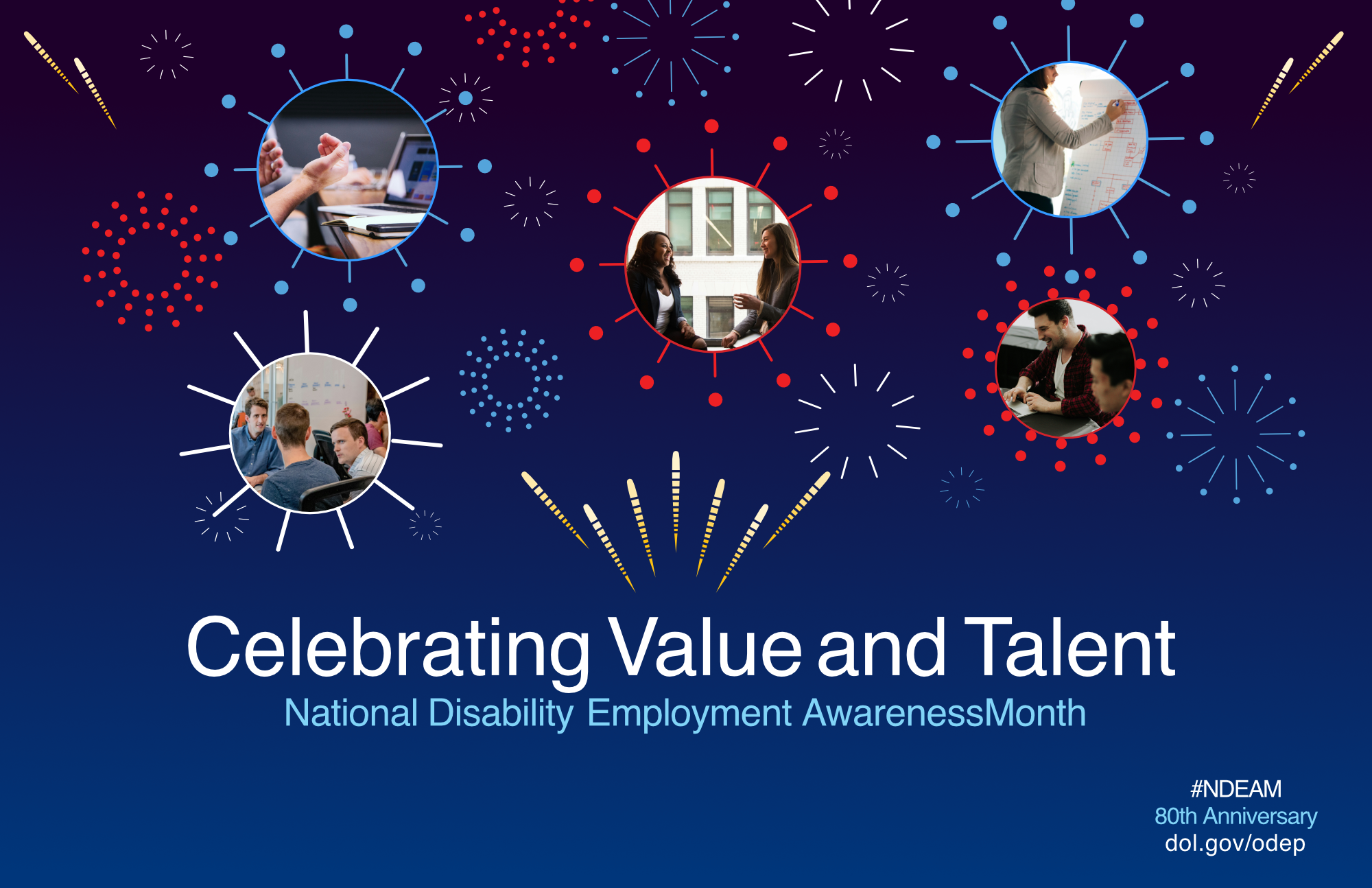 Dark blue poster with fireworks, photos of people working, and text: Celebrating Value and Talent. National Disability Employment Awareness Month. #NDEAM 80th Anniversary dol.gov/odep..