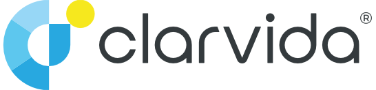 Logo for Clarvida, featuring a geometric circular design with blue segments and a yellow dot, followed by the word clarvida in rounded, lowercase letters, with a registered trademark symbol.
