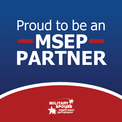 Text graphic with a blue and red background that says, Proud to be an MSEP Partner. Below, the Military Spouse Employment Partnership logo appears on a red section at the bottom.