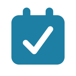 Blue calendar icon with a large white checkmark in the center, symbolizing an event or task completed. The background is light gray.