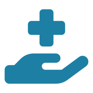 Blue icon of an open hand facing up with a medical cross symbol above it, representing healthcare, support, or medical assistance on a light gray background.