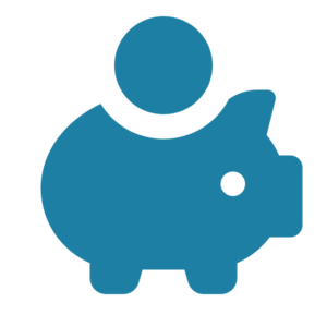 Blue piggy bank icon with a coin being inserted in the slot on its back, set against a light gray background.
